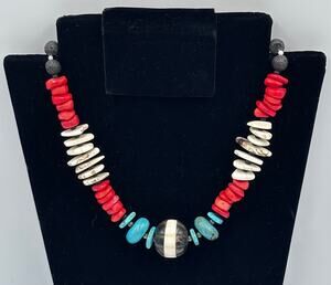 Vintage Native American Handcrafted Coral Turquoise Lava Beaded Necklace 19"
